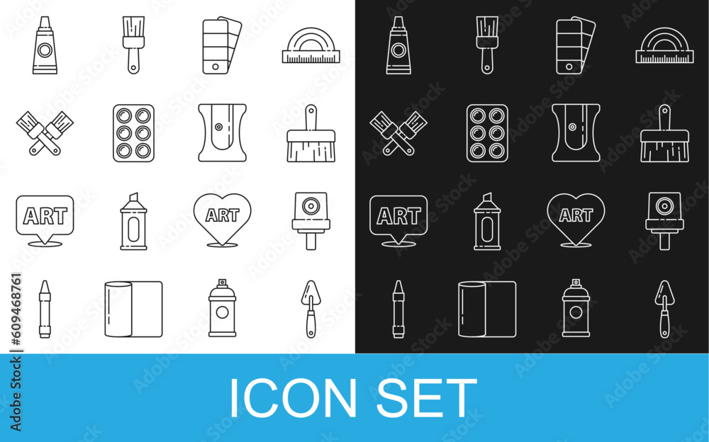 Set line Palette knife, Spray can nozzle cap, Paint brush, Watercolor paints box, Crossed, Tube with palette and Pencil sharpener icon. Vector Set line Palette knife, Spray can nozzle cap, Paint brush, Watercolor paints box, Crossed, Tube with palette and Pencil sharpener icon. Vector