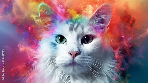 Front face of a cat completely made up of colorful smoke, universe background. IA generative.