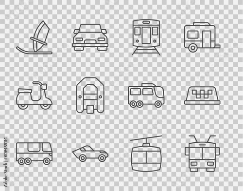 Set line Bus, Trolleybus, Train and railway, Car, Windsurfing, Rafting boat, Cable car and Taxi roof icon. Vector