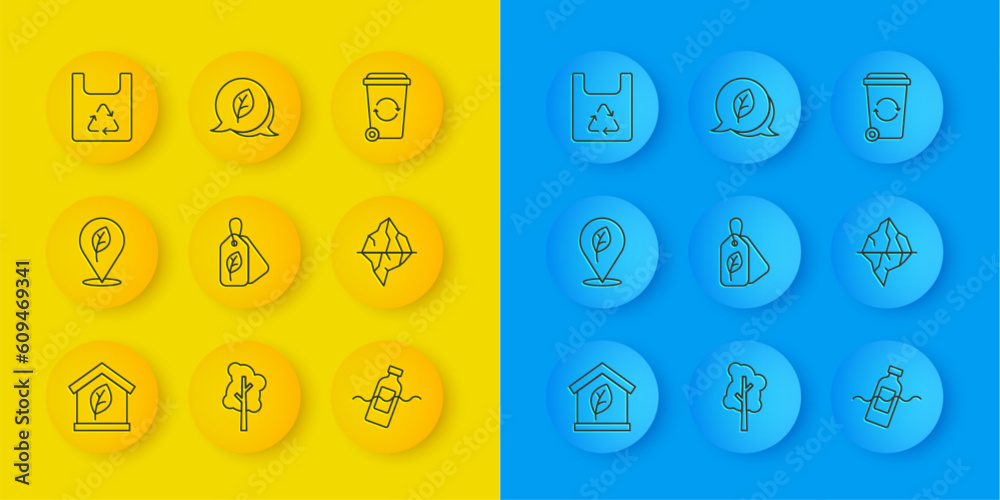 Set line Eco friendly house, Location with leaf, Tag, The problem of pollution, Iceberg, Shopping bag recycle, Recycle bin and Leaf symbol icon. Vector Set line Eco friendly house, Location with leaf, Tag, The problem of pollution, Iceberg, Shopping bag recycle, Recycle bin and Leaf symbol icon. Vector