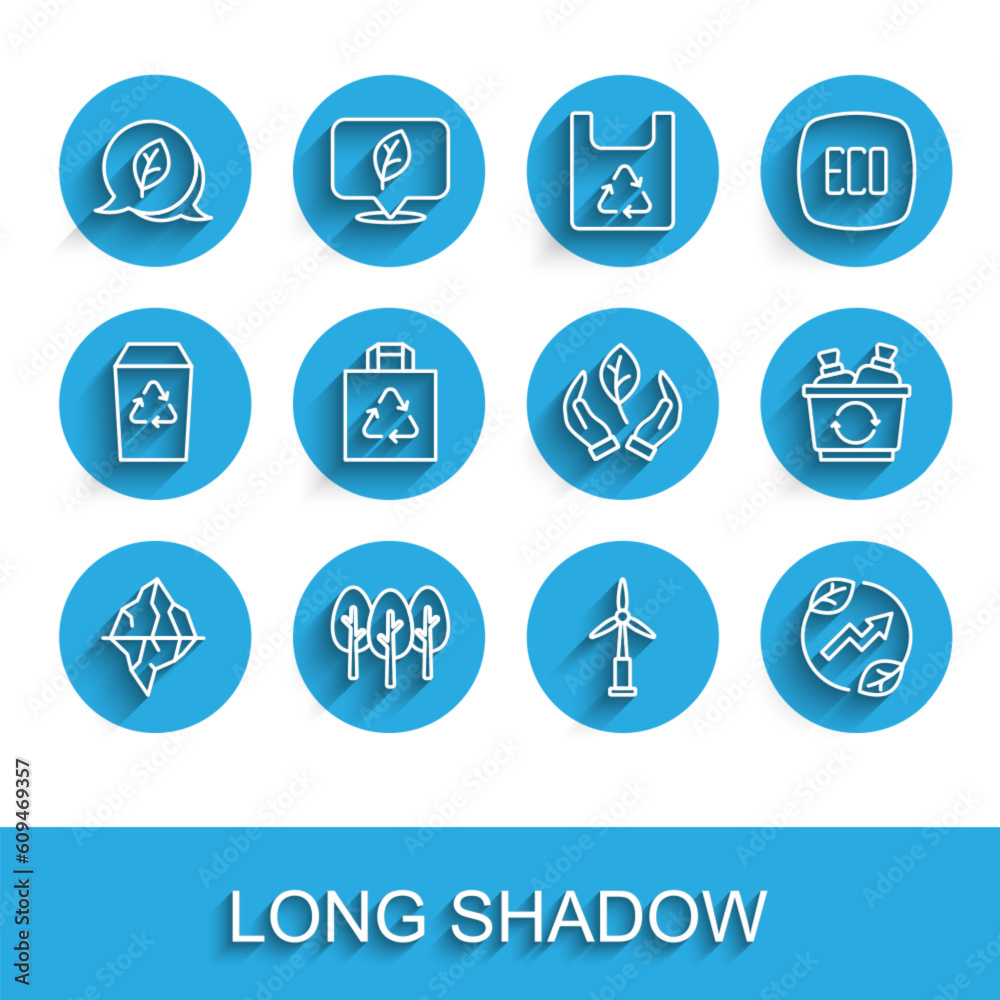 Set line Iceberg, Tree, Leaf Eco symbol, Wind turbine, Electric saving plug leaf, Shopping bag with recycle, Recycle and hand icon. Vector Set line Iceberg, Tree, Leaf Eco symbol, Wind turbine, Electric saving plug leaf, Shopping bag with recycle, Recycle and hand icon. Vector