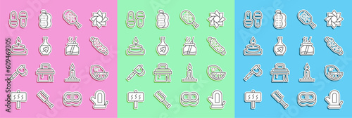 Set line Sauna mitten, Lemon, Washcloth, brush, Essential oil bottle, Aroma candle, slippers and diffuser icon. Vector