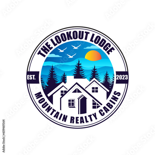 Lookout Lodge logo, mountain vintage logo,mountain emblems logo, mountain travel, mountain peak logo design vector
