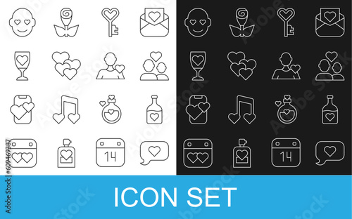Set line Heart in speech bubble, Bottle with love potion, Lover couple, Key heart shape, Glass of champagne, Romantic man and icon. Vector