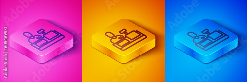 Isometric line Cashier at cash register supermarket icon isolated on pink and orange, blue background. Shop assistant, cashier standing at checkout in supermarket uniform. Square button. Vector