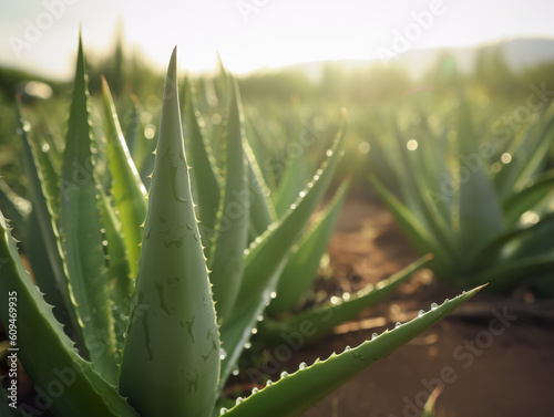 Aloe vera, fresh leaf of aloe vera in farm garden natural background. A refreshing take on minimalism photographing the soothing qualities of aloe vera. Realistic 3D illustration. Generative AI