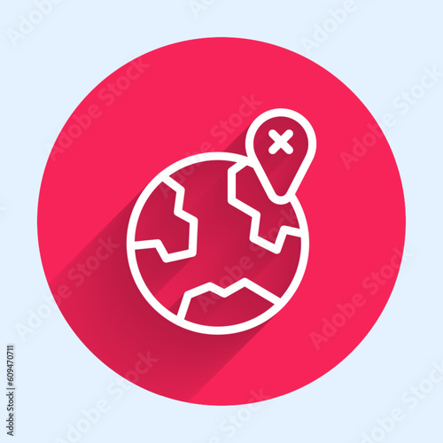 White line Location on the globe icon isolated with long shadow background. World or Earth sign. Red circle button. Vector