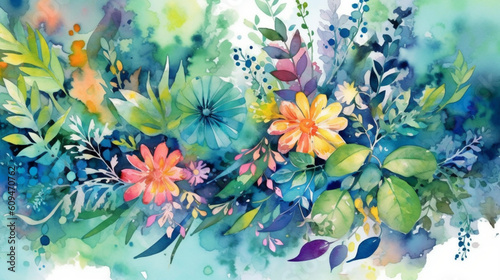 Background of leaves and flowers in watercolor. IA generative. © Moon Project
