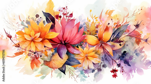 Background of leaves and flowers in watercolor. IA generative.