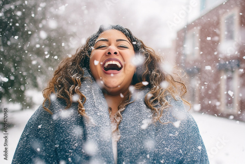 Young overweight mexican woman enjoying winter snowflakes in a joyful outdoor moment. 