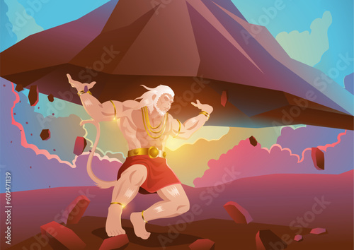 Fantasy art illustration of Hanuman lifting up Dronagiri mountain