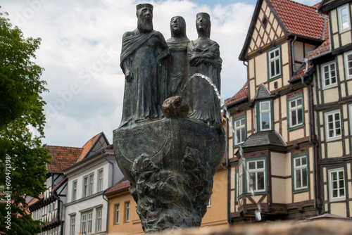 Heinrich I. and Wife Mathilde and grandchild Mathilde Monument of well-known personalities from Quedlinburg (Persönlichkeiten der Quedlinburger Geschichte) Quedlinburg Saxony-Anhalt Germany