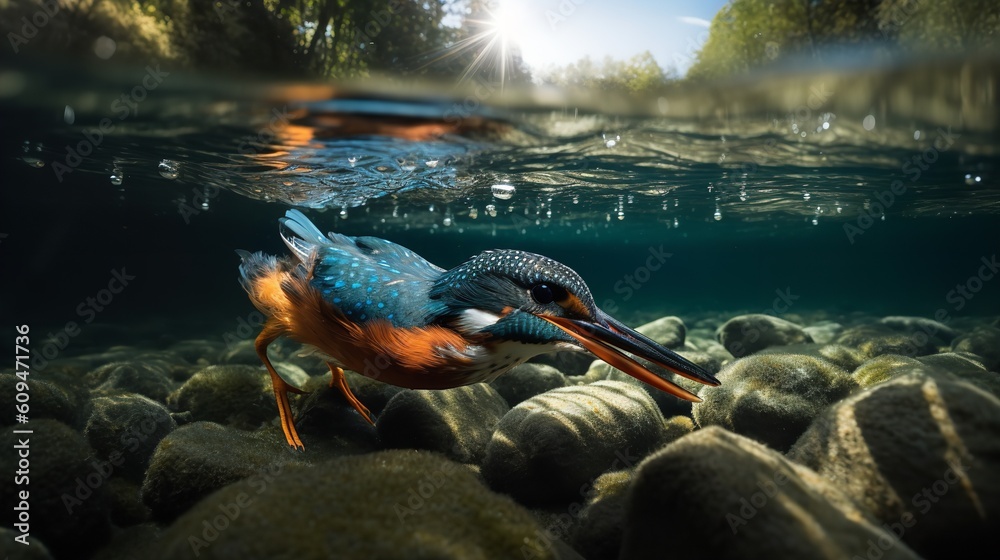 Kingfisher's Successful Plunge in a Crystal Clear Stream Kingfisher's Successful Plunge in a Crystal Clear Stream