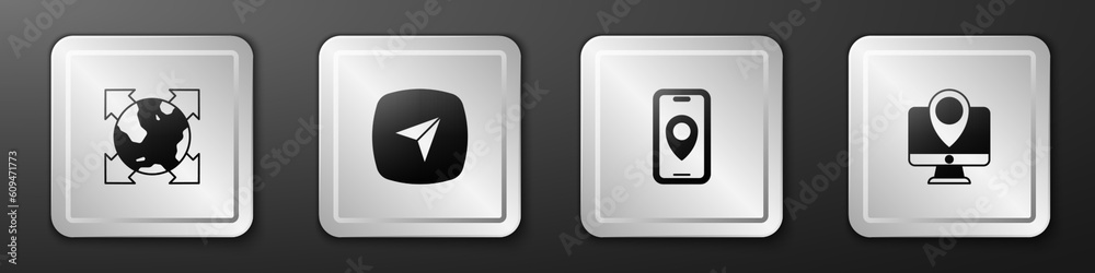 Set World globe with compass, Infographic of city map navigation, City and Monitor location marker icon. Silver square button. Vector