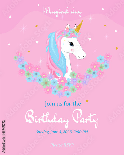 Birthday invitation  with unicorn  flowers  hearts