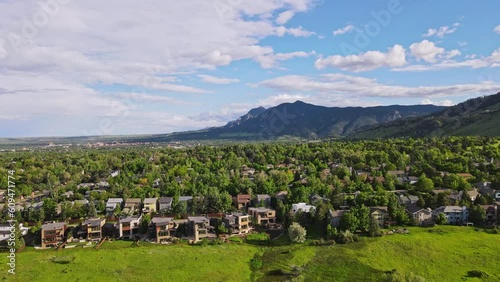 As the drone gracefully hovers above Wonderland Lake in Boulder, Colorado, a mesmerizing sight unfolds. The camera captures the serene beauty of the lake, its glassy surface reflecting the surrounding
