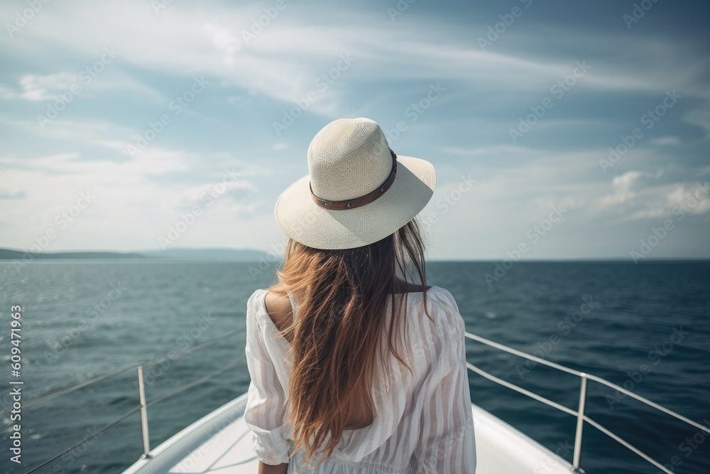Beautiful young woman in a hat on the deck of a yacht,  A beautiful young lady full rear view without a face, AI Generated