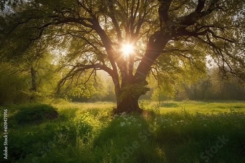 Beautiful summer landscape with an old oak tree and sun in the morning, A beautiful nature view with a green tree in the morning, AI Generated © Iftikhar alam