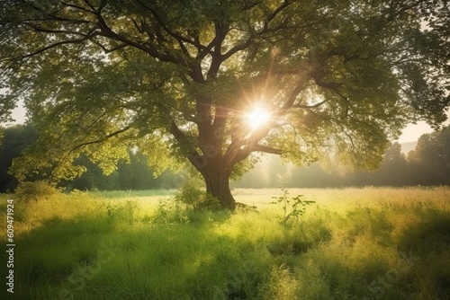 Beautiful landscape with an old oak tree on the meadow at sunrise. A beautiful nature view with a green tree in the morning, AI Generated © Iftikhar alam