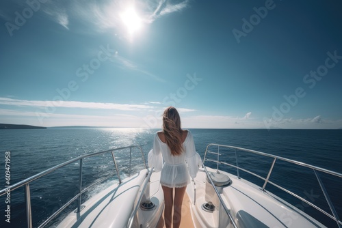 A beautiful young woman sailing on a yacht on a sunny day. A beautiful young lady full rear view without a face, AI Generated © Iftikhar alam