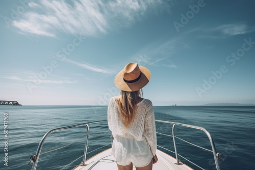Beautiful young woman in a hat and a white sweater on the deck of a yacht, A beautiful young lady full rear view without a face, AI Generated