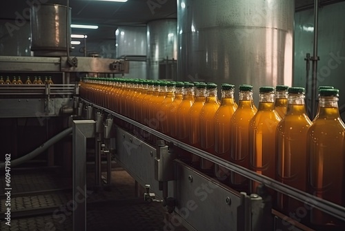 Bottling line of orange juice in bottles at a modern beverage plant. A beverage plant factory interior view with a conveyor system, AI Generated