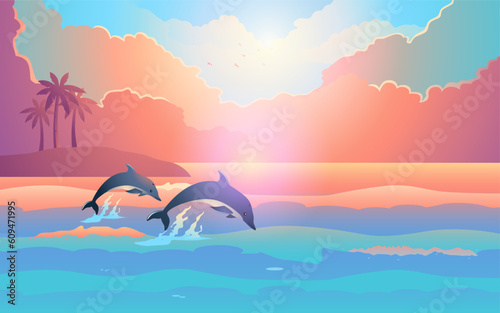 Dolphins playing near tropical island