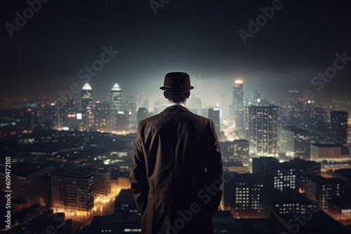 Rear view of businessman looking at night cityscape and foggy sky, A businessman full rearview wearing a tailored suit and looking out towards a city skyline. AI Generated