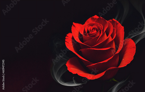 Abstract heavy red rose. Black background in smoke with red rose petals. Generative AI.