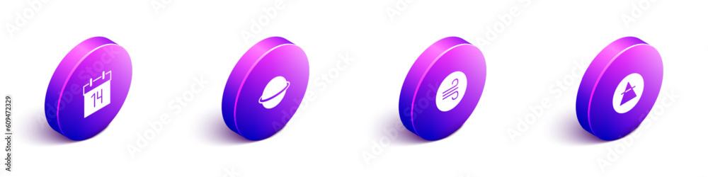 Set Isometric Calendar, Planet Saturn, Windy weather and Air element icon. Vector Set Isometric Calendar, Planet Saturn, Windy weather and Air element icon. Vector