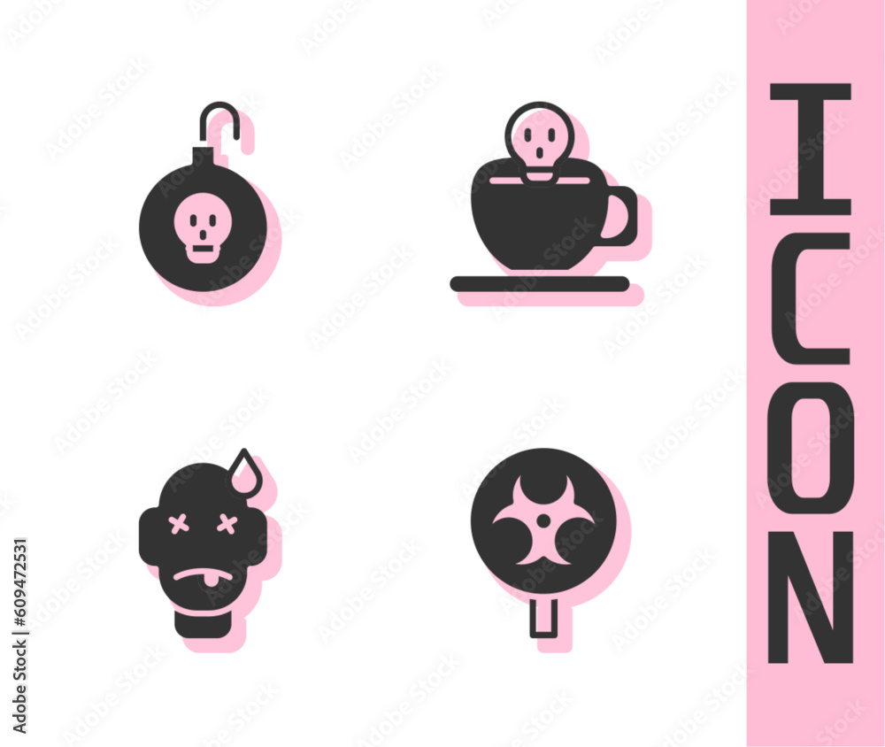 Set Biohazard symbol, Nuclear bomb, Man poisoning and Coffee cup with skull icon. Vector Set Biohazard symbol, Nuclear bomb, Man poisoning and Coffee cup with skull icon. Vector