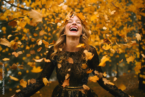 Young beautiful woman laughing amidst falling leaves. Generative AI