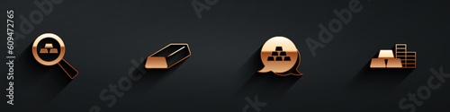 Set Gold bars, and coin with gold icon with long shadow. Vector