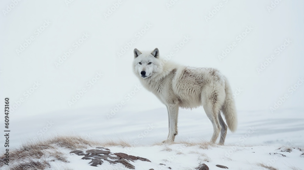 Naklejka premium Arctic Wolf's Solitary Trek in the Icy Tundra