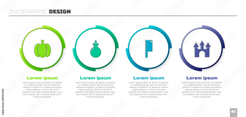 Set Pumpkin, Bomb ready to explode, Meat chopper and Castle. Business infographic template. Vector Set Pumpkin, Bomb ready to explode, Meat chopper and Castle. Business infographic template. Vector