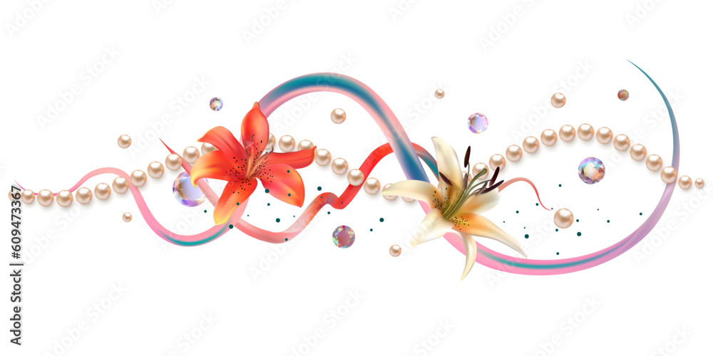 Flowers. Floral background. Pearl. Lilies. Vector. Abstract curves. 3D. Artistic illustration of flowers and pearls.