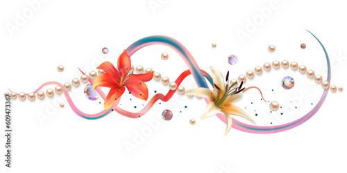 Flowers. Floral background. Pearl. Lilies. Vector. Abstract curves. 3D. Artistic illustration of flowers and pearls.