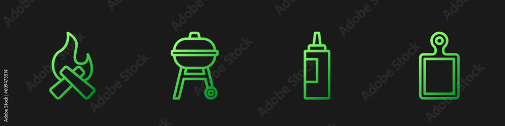 Set line Sauce bottle, Campfire, Barbecue grill and Cutting board. Gradient color icons. Vector Set line Sauce bottle, Campfire, Barbecue grill and Cutting board. Gradient color icons. Vector