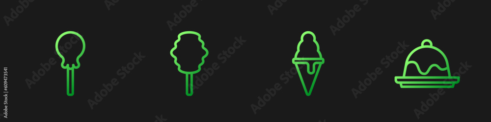 Set line Ice cream in waffle cone, Lollipop, Cotton candy and Cake. Gradient color icons. Vector Set line Ice cream in waffle cone, Lollipop, Cotton candy and Cake. Gradient color icons. Vector