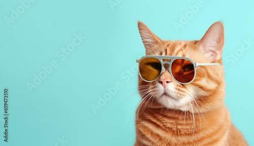 portrait of a ginger cat with sunglasses blue background generative ai