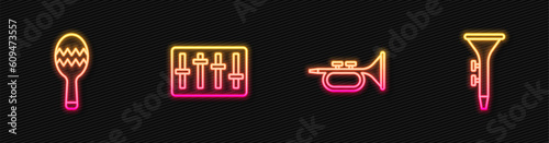 Set line Trumpet, Maracas, Sound mixer controller and Drum and drum sticks. Glowing neon icon. Vector