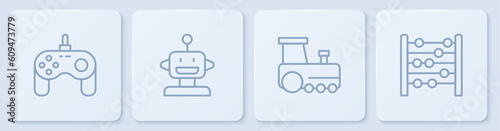 Set line Gamepad, Toy train, Robot toy and Abacus. White square button. Vector