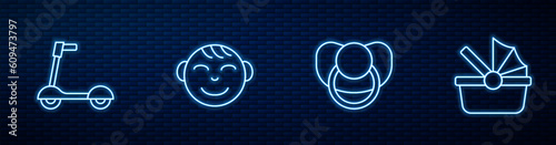 Set line Baby dummy pacifier, Roller scooter, Little boy head and stroller. Glowing neon icon on brick wall. Vector