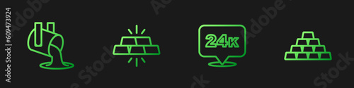 Set line Gold bars 24k, Molten gold being poured, and . Gradient color icons. Vector