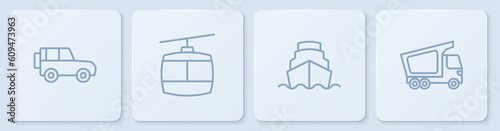 Set line Off road car, Cruise ship, Cable and Delivery cargo truck. White square button. Vector