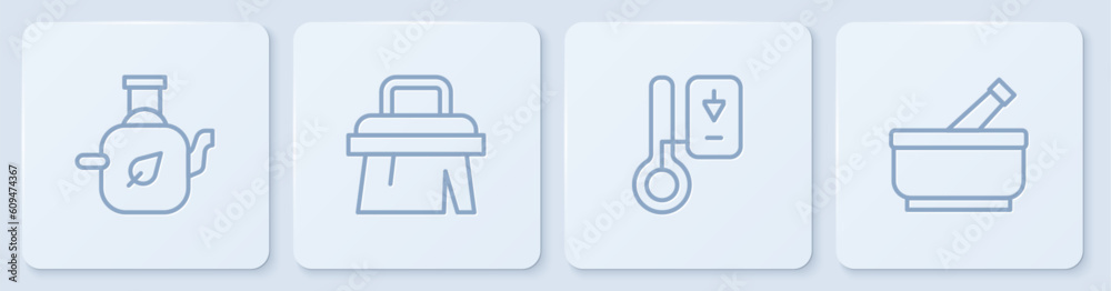 Set line Teapot with leaf, Sauna thermometer, brush and Mortar and pestle. White square button. Vector Set line Teapot with leaf, Sauna thermometer, brush and Mortar and pestle. White square button. Vector