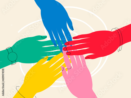 Group hands on top of each other of diverse colourful people. Diversity people. Concept of teamwork community and cooperation. Diverse culture. Racial. Flat Memphis style