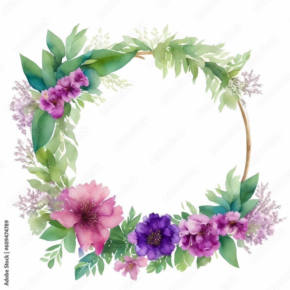 Watercolor Flower Wreath Template for Greeting Cards, Invitations, and More, Ai Generated