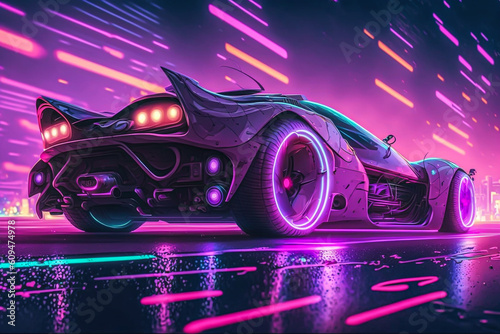 A purple and pink car with neon lights cyberpunk style background generative ai
