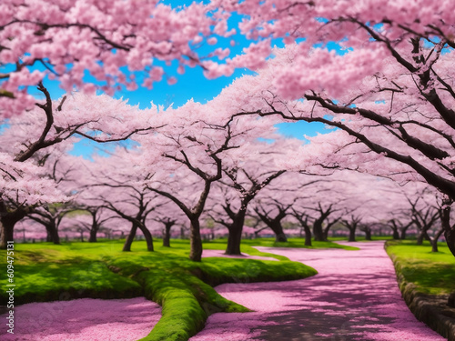 Cherry blossom field in tokyo, Generative AI Illustration.